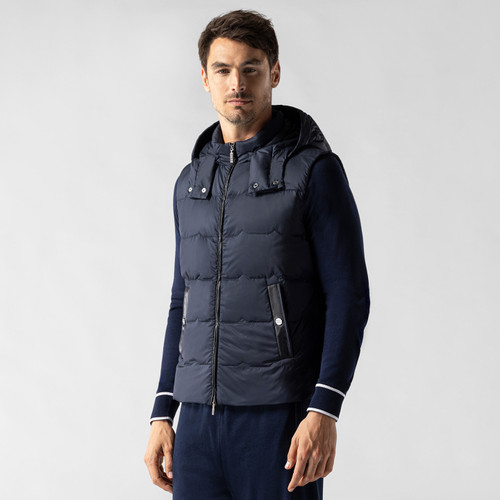 Navy-blue sleeveless padded coat, removable hood