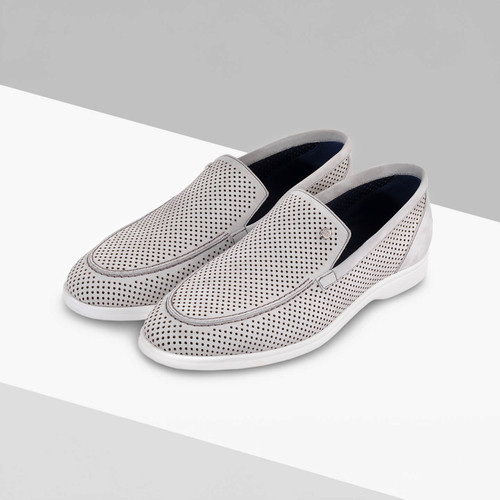 Light grey loafers in perforated suede calfskin and soft suede calfskin