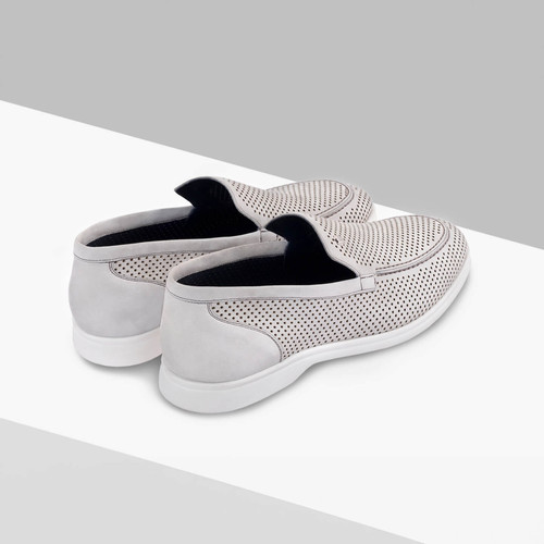 Light grey loafers in perforated suede calfskin and soft suede calfskin