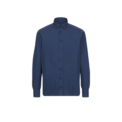 Blue "casual" shirt, metallic signature on the sleeve,  topstitched collar