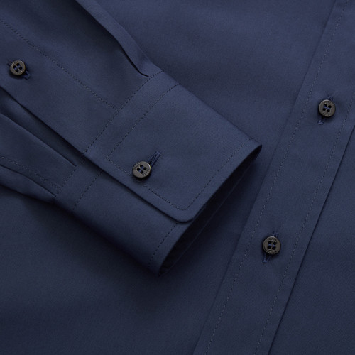 Blue "casual" shirt, metallic signature on the sleeve,  topstitched collar