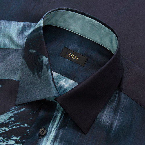 Skyblue and dark blue shirt, "Mountain landscape" printed pattern