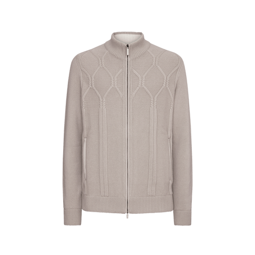 Mock neck zipped beige cardigan "Rhombus" jacquard weaving