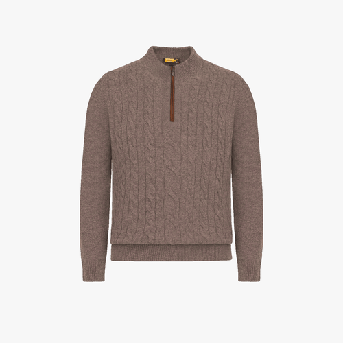 Taupe zipped funnel-neck sweater, twisted jacquard weave