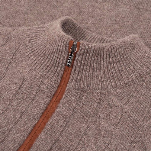 Taupe zipped funnel-neck sweater, twisted jacquard weave