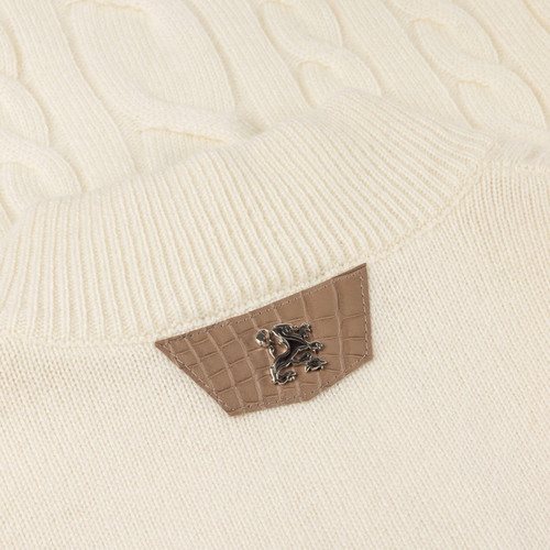 Cream zipped funnel-neck sweater, twisted jacquard weave, crocodile details