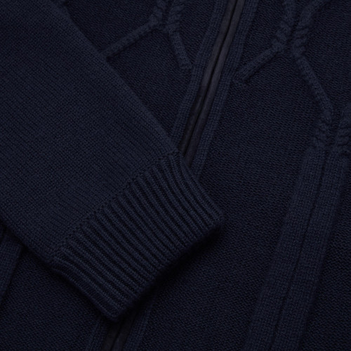Mock neck zipped navy blue cardigan,  "Rhombus" jacquard weaving