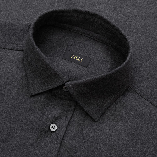 Grey "casual" shirt, metallic signature on the sleeve,  topstitched collar