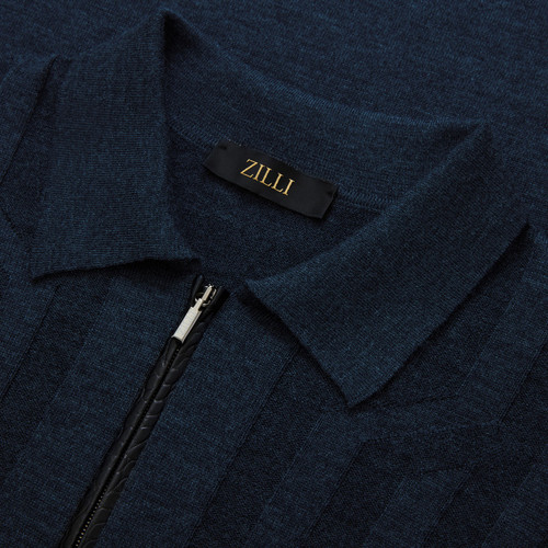 Dark navy zipped polo-shirt, « Crossed Stripes » jacquard weave