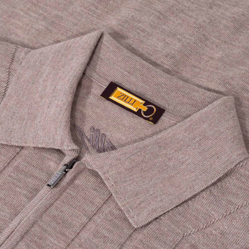 Beige zipped polo shirt, "Hourglass" jacquard weave
