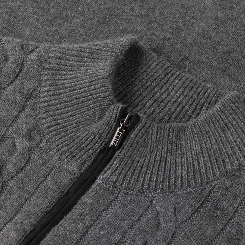 Smoke-grey zipped funnel-neck sweater, twisted jacquard weave