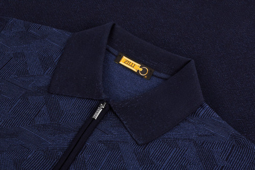 Navy and deep-sea blue polo shirt, "Regimental pied-de-poule" jacquard weave