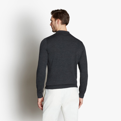 Dark grey zipped polo-shirt, « Crossed Stripes » jacquard weave