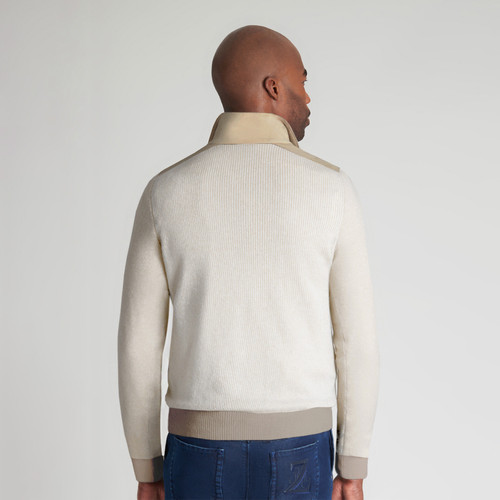 Beige trompe-l'œil full-zip sweater, double collar