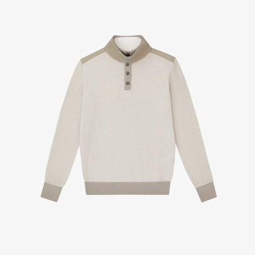 Beige trompe-l'œil full-zip sweater, double collar