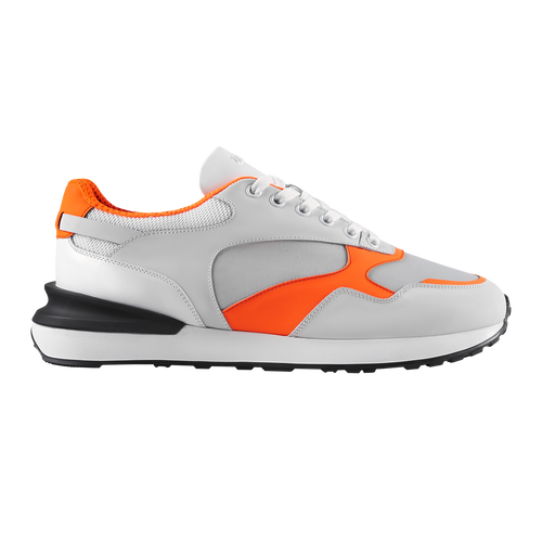 Grey, orange and white run sneakers in rubber calfskin, technical fabric and calfskin