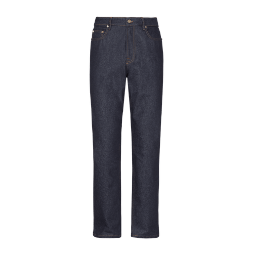 Raw blue jeans, wide fit, camel stitching