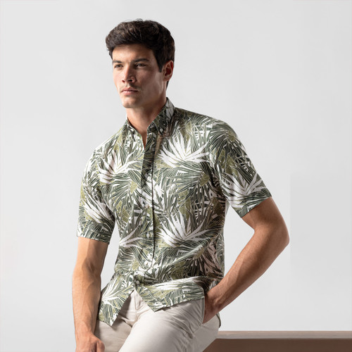 Olive-green, khaki-green and white shirt, palm tree print pattern