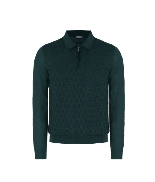 Pine green polo shirt, "Micro Lozenges" jacquard weave, crocodile detail