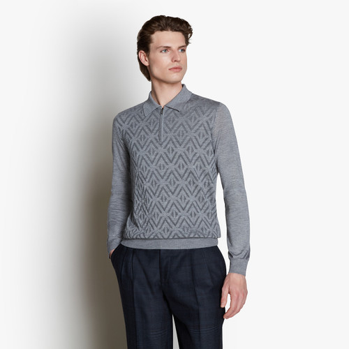 Light grey zipped polo-shirt, « Rhombus » jacquard weave