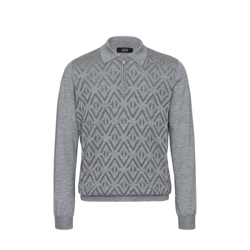 Light grey zipped polo-shirt, « Rhombus » jacquard weave