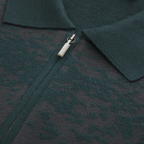 Dark green zipped polo sweater, "Shadows" jacquard weaving