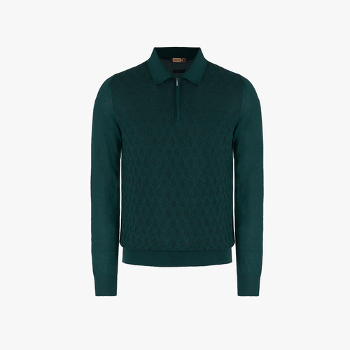Pine green zipped polo shirt, "Micro lozenges" jacquard weave
