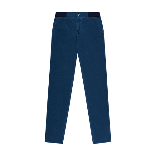 Indigo blue corduroy trousers, elastic waistband