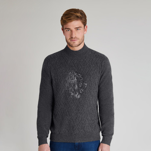 Grey funnel neck sweater, diamond jacquard weave, "Lion" embroidery