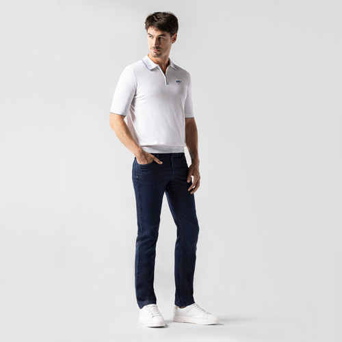 White and blue zipped polo shirt, with "ZILLI Signature" embroidery