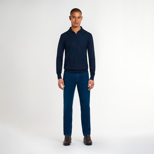 Blue and navy polo shirt, "Jaipur Reflection" jacquard weave