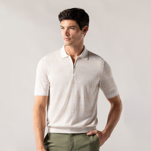 Sand-coloured zipped polo shirt, "Horizontal Stripes" jacquard weave,  crocodile detail