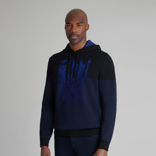 Hooded sweatshirt with black and navy color-block, ultramarine blue ZILLI pattern