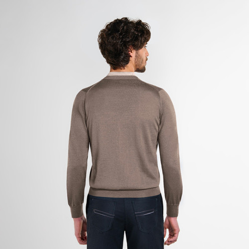 Taupe zipped polo shirt, long sleeves