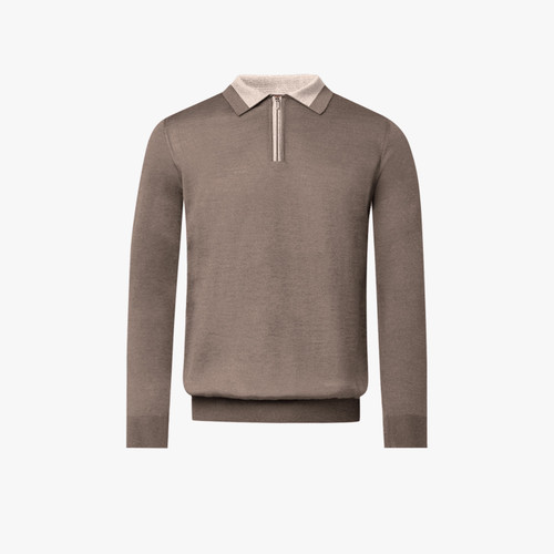 Taupe zipped polo shirt, long sleeves
