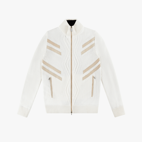 Ecru and beige zipped cardigan, twisted jacquard weave