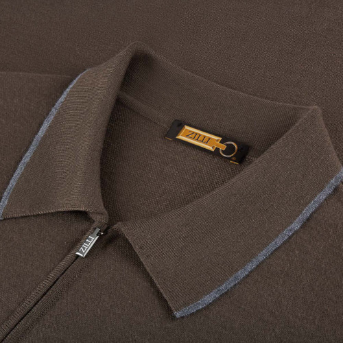 Taupe zipped polo shirt, ZILLI embroidery