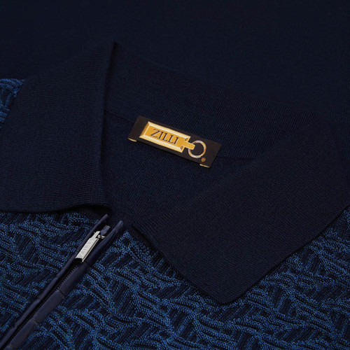 Navy zipped polo, crocodile detail, jacquard fancy weave