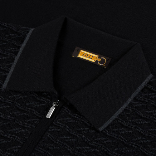 Black zipped polo shirt, ZILLI jacquard weave