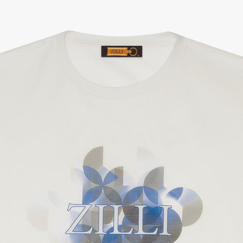 Ecru T-shirt, blue and grey Pop Art pattern