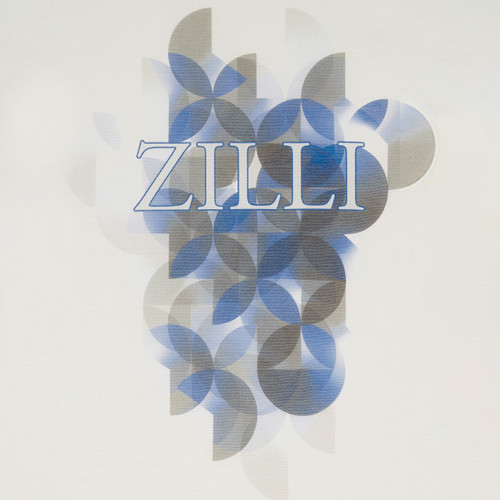 Ecru T-shirt, blue and grey Pop Art pattern