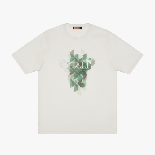 Ecru T-shirt, green and grey Pop Art pattern