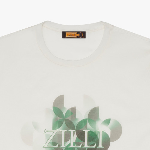 Ecru T-shirt, green and grey Pop Art pattern