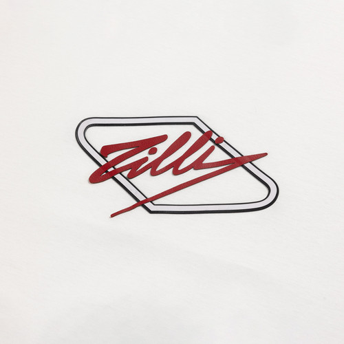 Round-neck white T-shirt with "Micro extravegas" leather embroidery