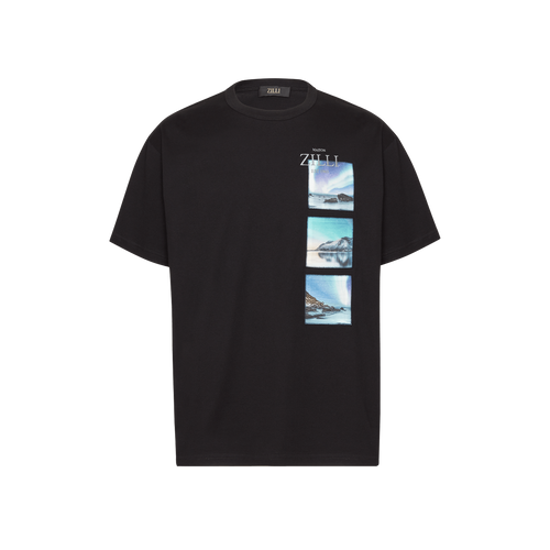 Black T-Shirt, embroidery "ZILLI Lettering", "Northern lights" printed pattern
