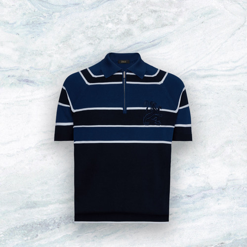 Navy blue zipped polo, "Block stripes"