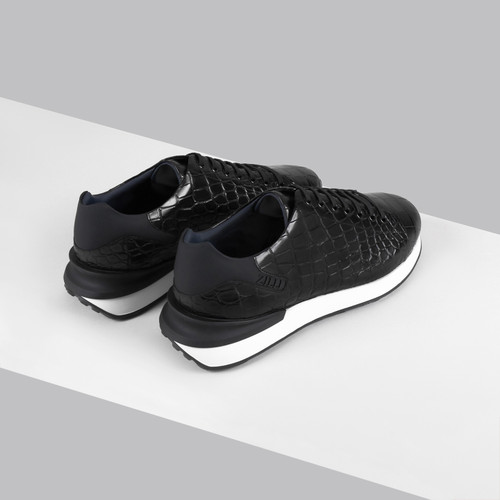 Black run sneakers in semi-matt crocodile and rubber calfskin