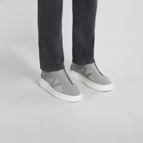 Grey sneakers in soft calfskin and rubber calfskin, mat crocodile ZILLI inlay