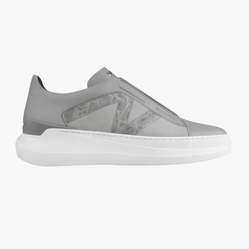 Grey sneakers in soft calfskin and rubber calfskin, mat crocodile ZILLI inlay