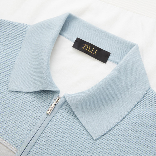 White zipped polo shirt, sky-blue and pearl-grey colour-block